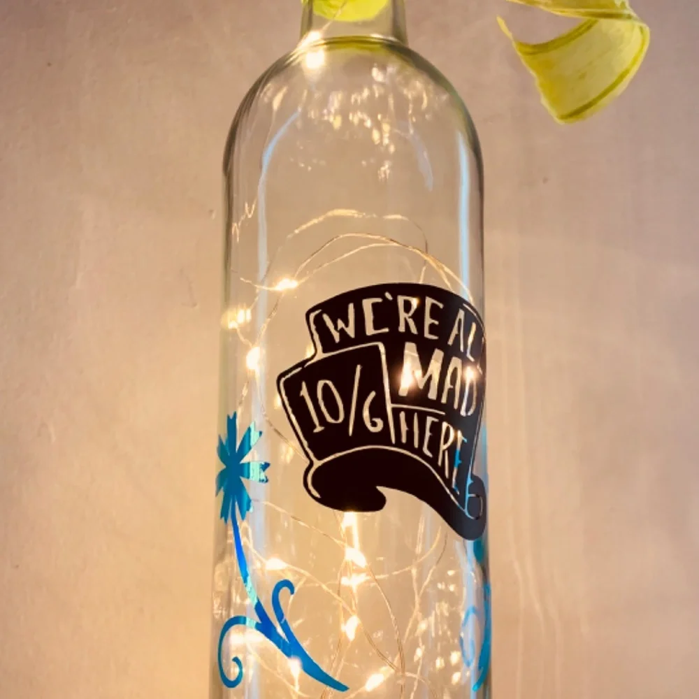 Hand Crafted- ‘We’re All Mad Here’ logo Mad Hat Wine Bottle Lantern